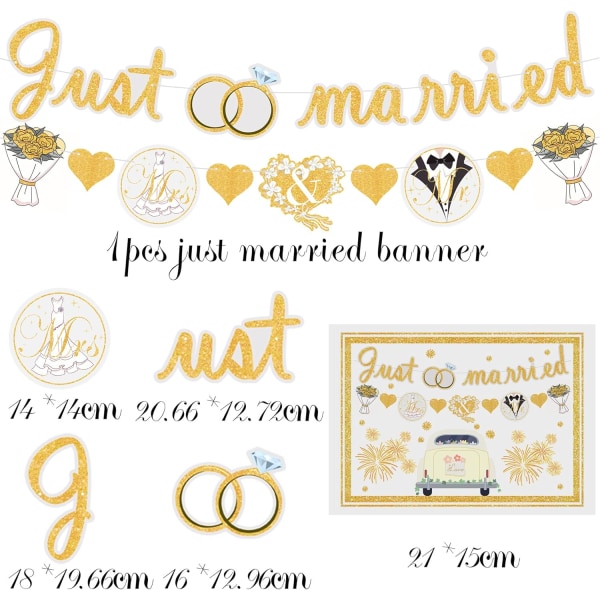 Just Married Party Decorations Wedding Decor Kits, Inkluderer Girlander Hvit Gull Diamant Ring Banner, Ballong, Kakepynt, Cupcake Toppers