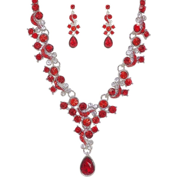 Glitrende rød og klar krystal Y-halskæde og øreringe i sølv med runde og dråbeformede krystaller.