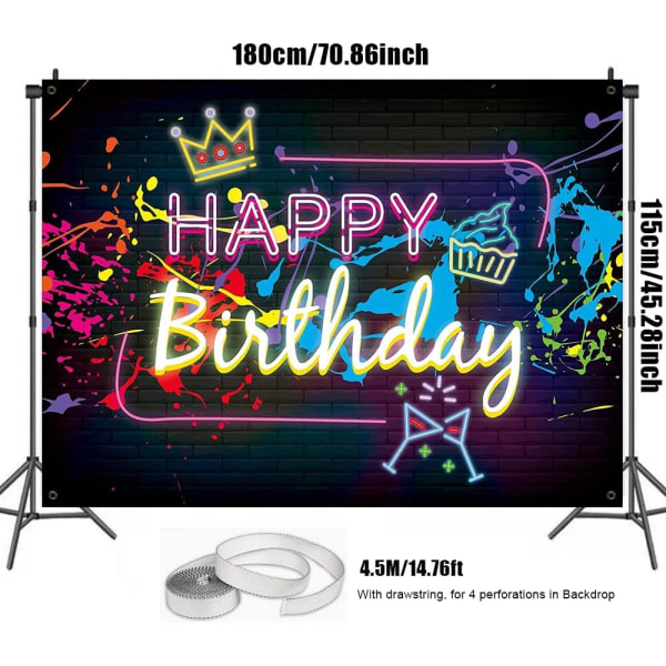 Glow Graffiti Födelsedag Bakgrund Banner, Extra Stor Happy Birthday Bakgrund Banner Skylt Foto Booth Bakgrund 72,8 x 44 Tum