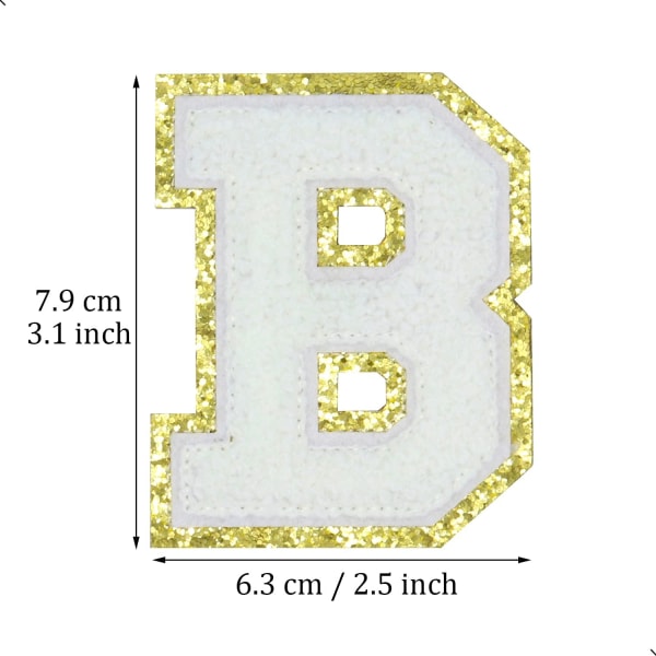Engelska bokstaven B strykjärnsapplikationer lappar alfabet sömnadsapplikationer klädmärken, med guldglitterkant, självhäftande baksida (vit B)BVit