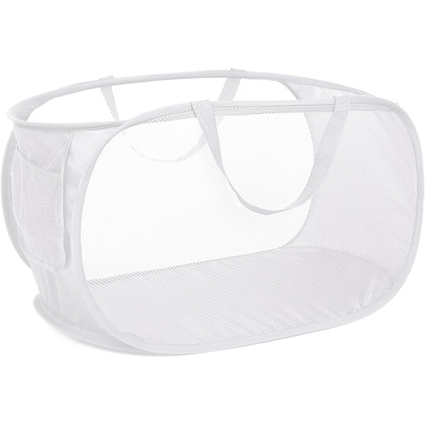 Stærk Mesh Pop Up Vasketøjskurv, Sammenklappelig Vasketøjskurv med Sidelomme, Sammenklappelig Tøj Pop Up Kurv med Holdbare Forstærkede Håndtag Hvid