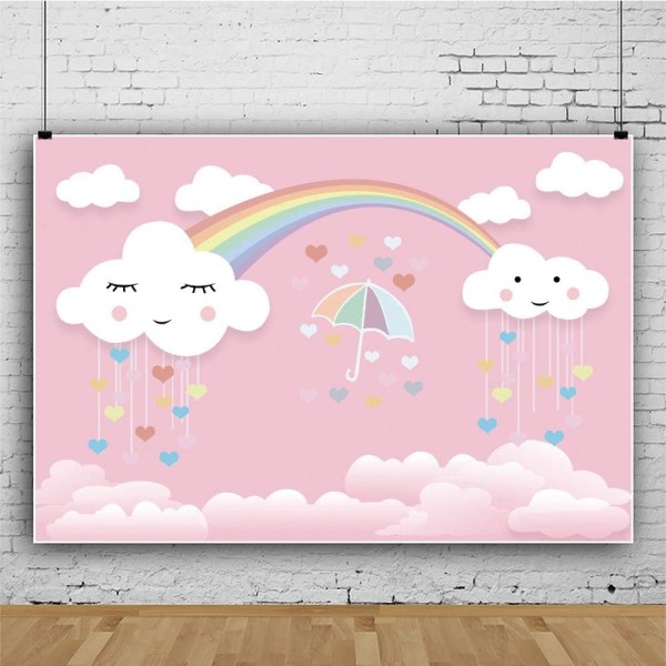 Heyone 2.2x1.5m Vinyl Backdrop Birthday Backdrop Pink Sky Rainbow Cloud Rainy Girl Party Decor Photo Background for Party Backdrops