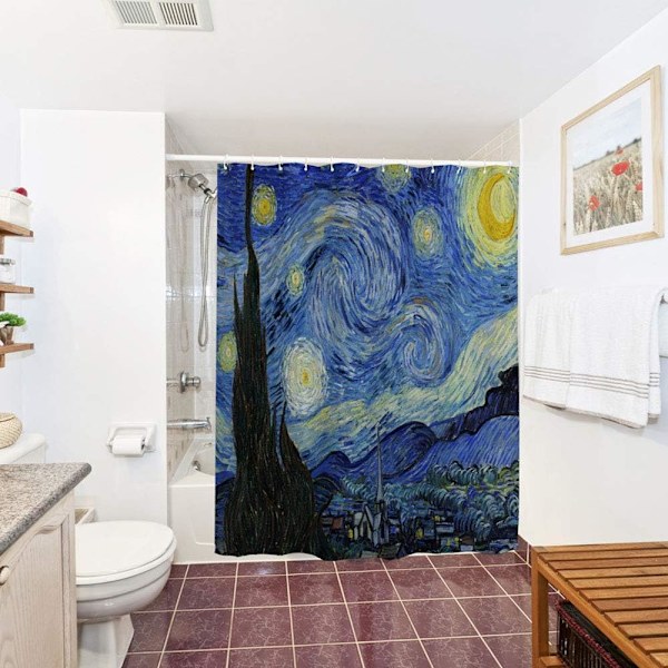Stjernenat Brusergardin til Badeværelse med Kroge, Van Gogh Stjerner Kunst Dekorativ Lang Stof Bruseforhæng Badeværelse Dekorationer - 71Wx72L, Blå
