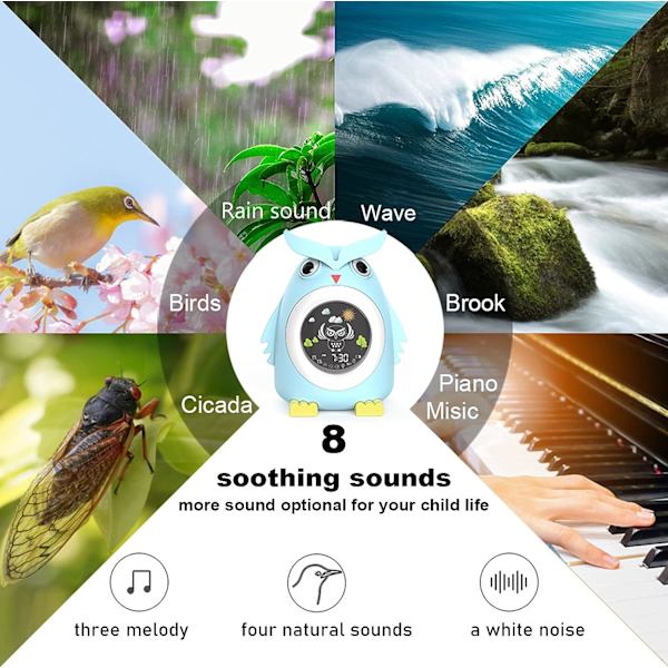 Barnklocka, väckarklocka för småbarn med nattlampa, sömnmaskin, NAP-timer, söt digital väckarklocka för barn, uggla