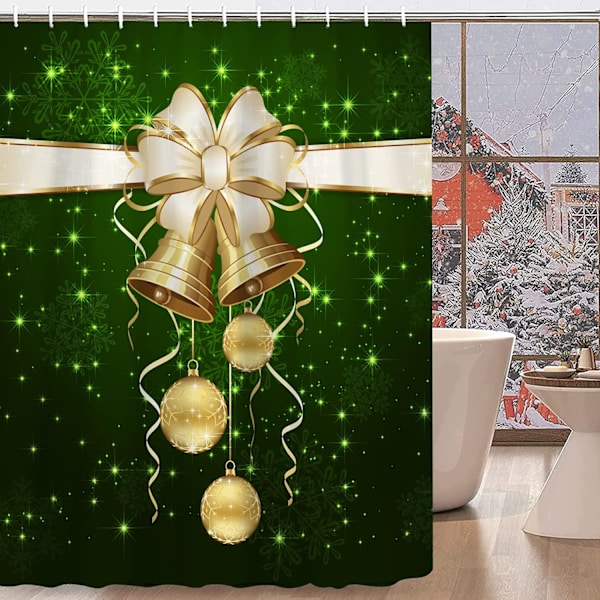 Julebadeværelse bruseforhæng, gyldne klokker bruseforhæng med grøn baggrund bruseforhæng, jul nytår bruseforhæng (180x180cm)