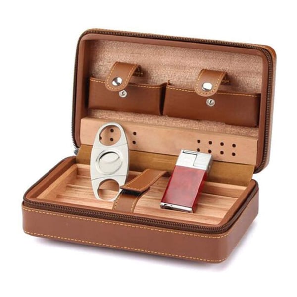 Læder rejse cigar humidor etui, bærbar cedertræ med befugter til 4 cigarer