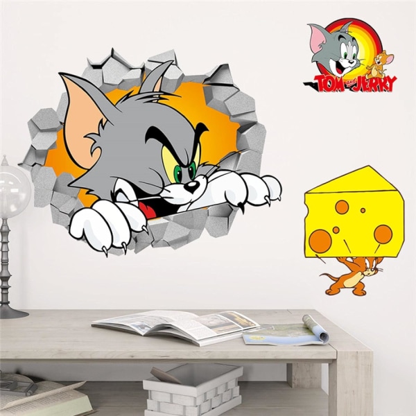 Levande tecknad Tom Cat 3D Hål Väggdekaler Dekaler Barn sovrum Dagis Dekoration Väggdekaler - -
