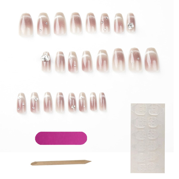 Negle Grå-Pink Gradient Katteøje Elsker Rhinestones Falske Negle Designs, Aftagelige Fuld Dækning Stick på Negle