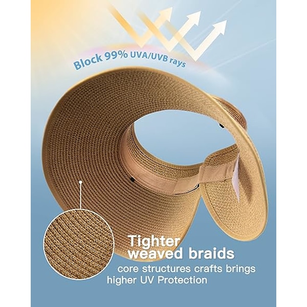 Solskærm Hatte til Kvinder Bred Skygge Halm Roll-Up Hestehale Sommer Strand Hat UV UPF Pakkelige Foldbare Rejser