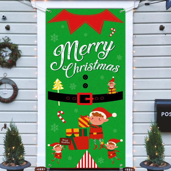 Juledørdæksel Baggrundsdekoration-Glædelig Jul Dørhængende banner, Elver Juleforsyninger til 2022 Xmas Udvendig Baggrundsdekoration (grøn)