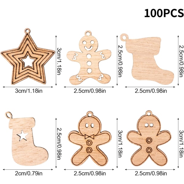 100 st juldekorationer träskivor julgransprydnader trä julgranshängande för DIY jul handgjord julkort 6 stilar