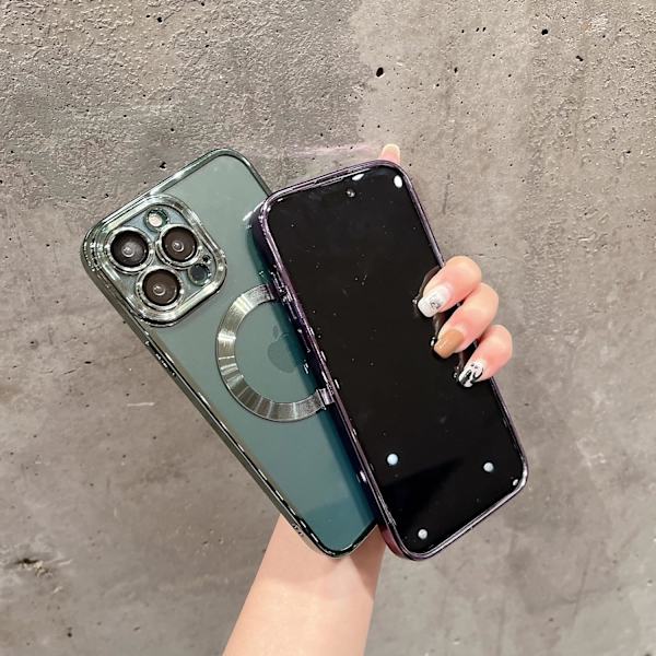 iPhone 13 Pro Max -kotelo, magneettinen, läpinäkyvä, kameran linssisuojalla, täydellinen suojaus, MagSafe, sähköpinnoitettu silikoni, 6,7 tuumaa - alppikuusivihreä