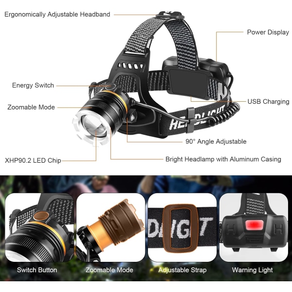 Genopladelig LED-hovedlampe, superlys 50.000 lumen 4 LED-tilstande, sensor og rødt lys, USB-genopladelig 5200 mAh