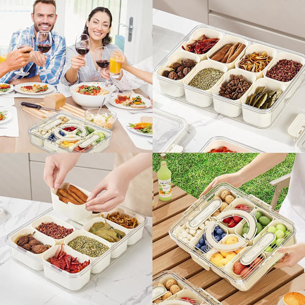 Snackbox med 8 fack med lock - delad matbricka för mat, godis, torkad frukt, nötter och kryddor - Praktisk förvaring för lunch, picknick eller kontor Five grids