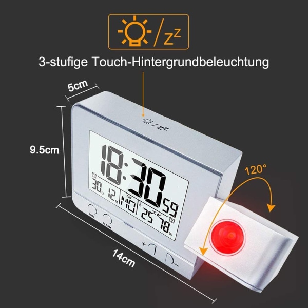 Projektionsväckarklocka för sovrum, stor väckarklocka med projektion på taket med USB-port, batteribackup - silver