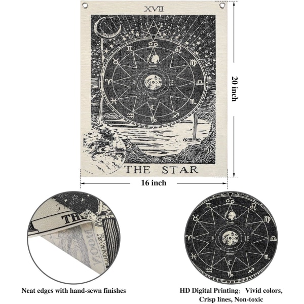 3 stykker tarotkort gobeliner Solen Månen Stjernen gobeliner Middelalderlige Europa Spådom gobeliner Vægophæng, 16 x 20 tommer