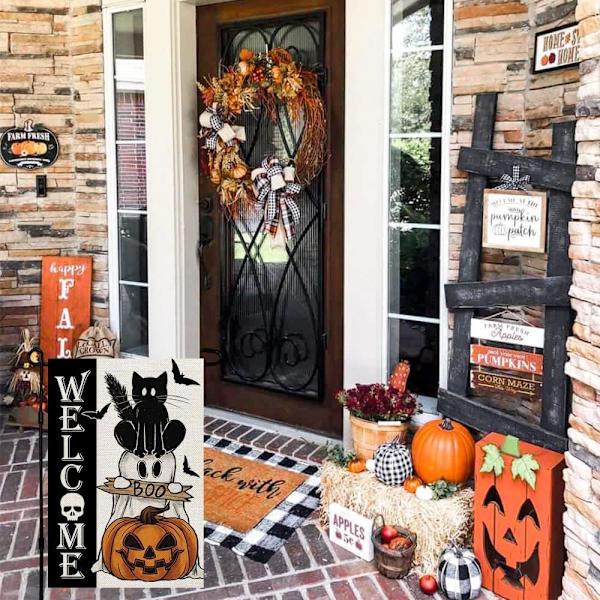 Halloween-aaveinen kissan Boo-puutarhalippu 12x18 tuumaa Pieni kaksisivuinen pellavamainen Tervetuloa Kausiloma Piha Ulkona