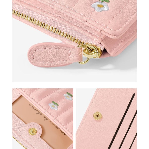 Liten lommebok for jenter Kvinner Trefoldet lommebok Kontantlommekortholder Myntpung med ID-vindu elegant ungdommelig og søt -blomster-rosa