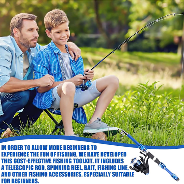 Barnspöset (inklusive fiskerulle och betesset), startset för barn, 1,8 m kolfiber teleskopiskt fiskespö och fiskelina, fisketillbehör för barn Camouflage Blue