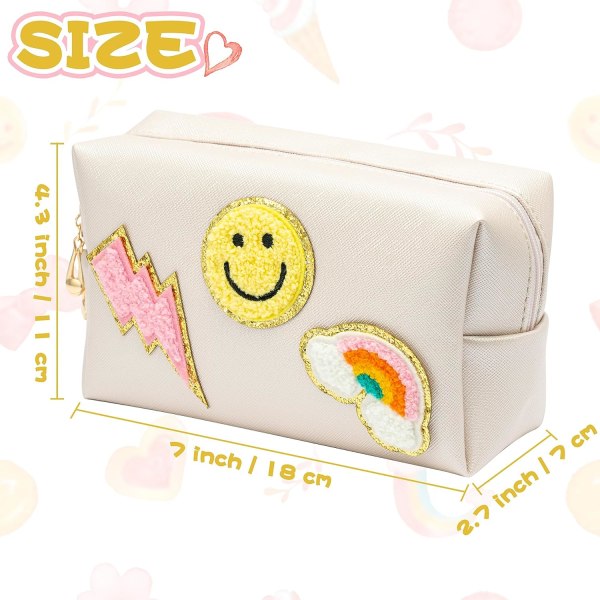 Preppy Patch Liten Toalettväska Smile Lightning Hjärta PU Läder Bärbar Vattentät Makeup Kosmetisk Väska Daglig Användning Förvaring