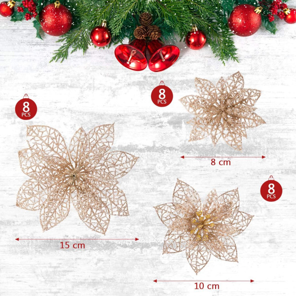 Kunstig juleblomst, 24 stk glitterblomsterpynt til juletre, juledekorativt objekt 3 størrelser 8/10/15CM-Champagnefarge