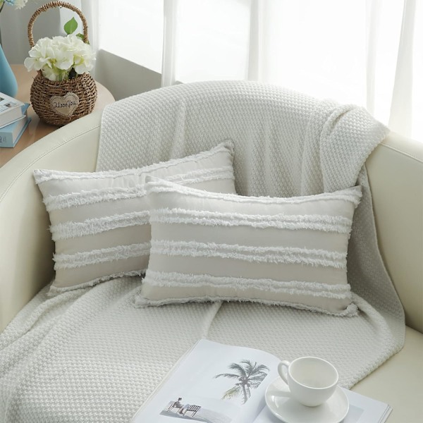 Boho dekorativa kuddfodral 12x20 Set om 2, neutrala randiga kuddfodral, beige bomullslinne kuddfodral för soffa vardagsrum