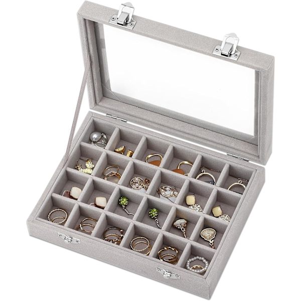 Ørestik Smykkeæske 24 Gitter Fløjl Smykkebakke til Skuffer Glas Klart Låg Vitrine Display Opbevaring Ringbakker Ørestikholder Organizer Etui (Grå)