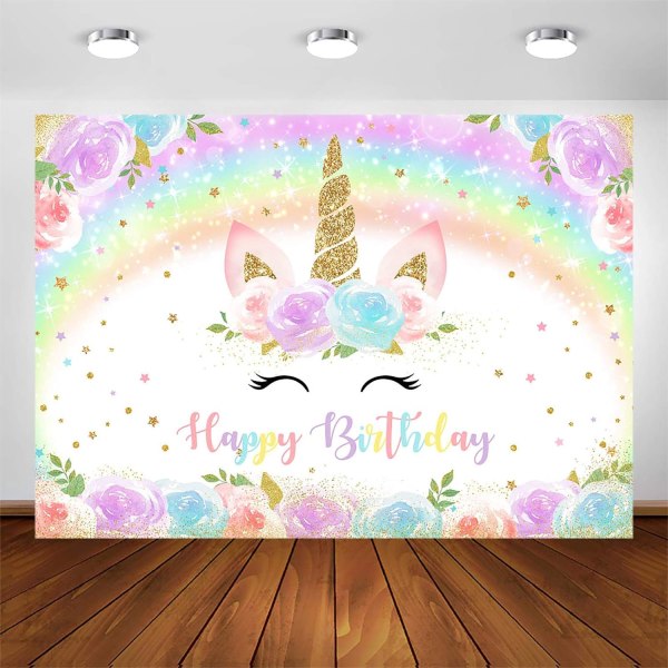 Regnbåge Enhörning Födelsedag Bakgrund för Flicka Guld Glitter Regnbåge Färgglada Akvarell Blommor Enhörning Fest Banner Födelsedag (7x5 fot)