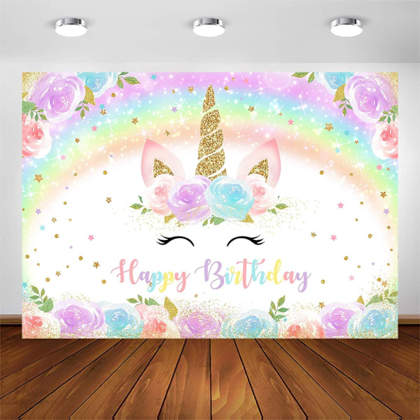 Regnbågsenhörning födelsedagsbakgrund för flicka guldglitter regnbåge färgglada akvarellblommor enhörningsfestbanderoll födelsedag(7x5ft)