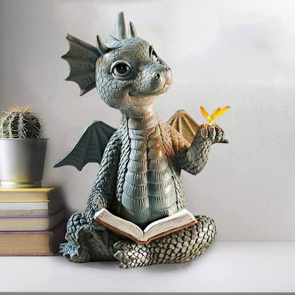 Vauvan Lohikäärmeen Lukeminen Kirjan Veistos Söpö Dinosaurukset Pitävät Perhosia Figuriineja Taide Hartsi Veistos Ulkona Puutarha Sisustus Koti Työpöydän Koriste