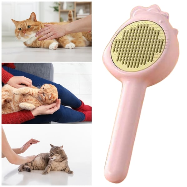 Kattborste med frigöringsknapp, kattborstar för inomhuskatter, husdjursvårdskam Husdjurskam med frigöringsknapp Skonsam hårborttagning massageborste - rosa