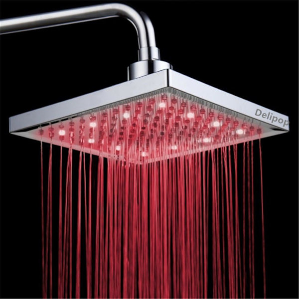 LED dusjhode firkantet 20cm temperaturkontrollert 3 farge variabel vannstrøm drevet overhead dusjhode
