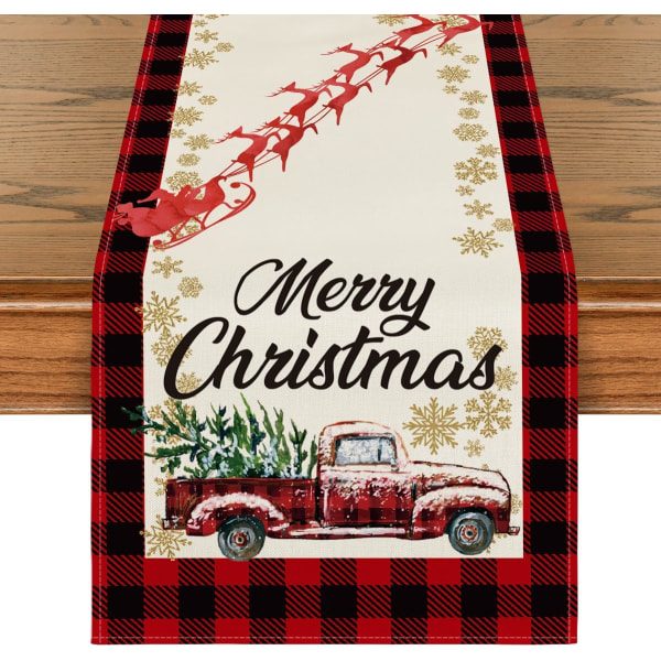 Rød og svart Buffalo Plaid Truck Merry Christmas Bordløper, sesongbestemt Vinter Xmas Ferie Kjøkken Spisebord 13 x 72 tommer