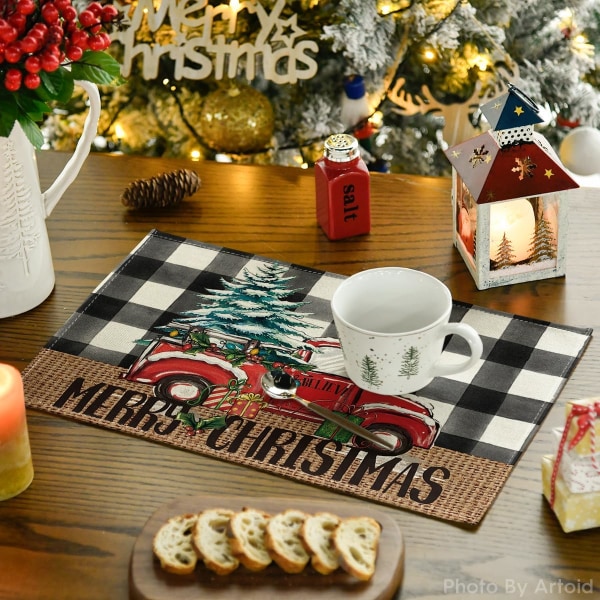 Buffalo Plaid Truck God Jul Placemats Set om 4, 30,48 x 45,72 cm Julgran Vinter Bordslöpare för Fest Kök Matbord Dekoration