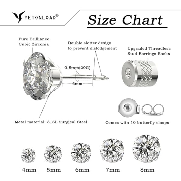 Women's Hypoallergenic Stainless Steel Cubic Zirconia Earrings Studs Set Multi-Pack, CZ Stud Earrings for Men 5 pairs 4-8mm