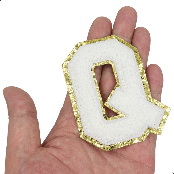 Engelska bokstaven Q Stryk på reparationslappar Alfabetsömnad Applikationer Klädmärken, med guldglitterkant, självhäftande bakdekal（Vit Q）QWhite