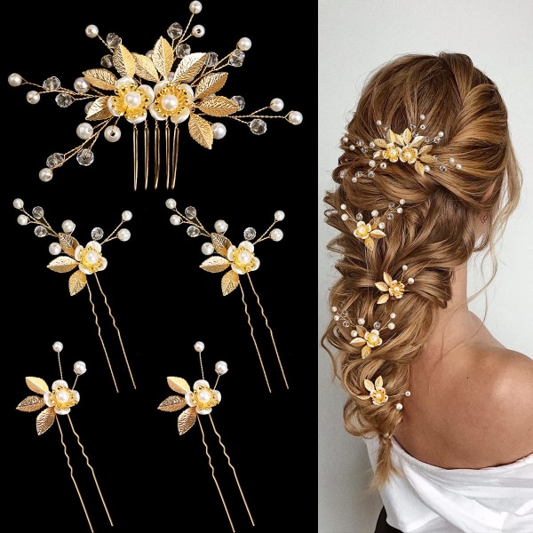 5 stykker Guldblade hårnåle Blomsterperlehårgafler Brudehårklemmer Hovedbeklædning Vintage bryllupshårtilbehør