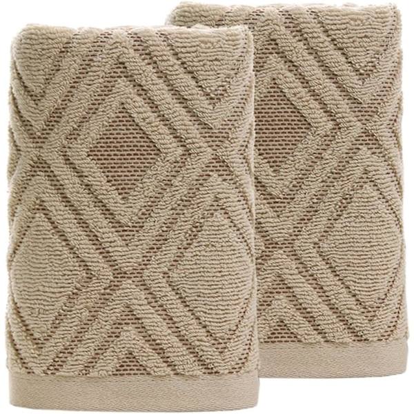 Handdukar Set om 2 Diamant Mönster 100% Bomull Absorberande Mjuk Dekorativ Handduk för Badrum 13,4 x 29,5 Tum (Brun)