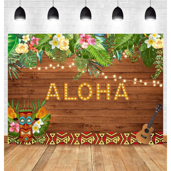 7x5ft Aloha Party Bakgrund Sommar Tropisk Hawaiian Luau Blommor Träskulptur Blommor Bal Dekoration Bakgrund Grattis på födelsedagen Baby Shower