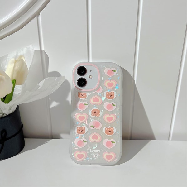 Compatible for iPhone 12 Case, Cute Cartoon Love Bear Peach with Heart Beaded Lanyard Wrist Strap for Women Girls, Shell Pattern Soft TPU- Pink Bear