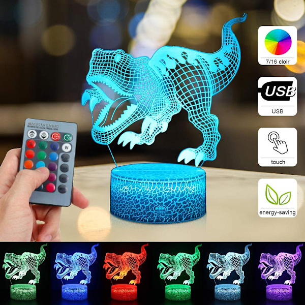 Dinosaur 3D Illusionslampe for gutt Dinosaur Lampe 16 Farger med Fjernkontroll Smart Berøringsnattlys Beste Gave