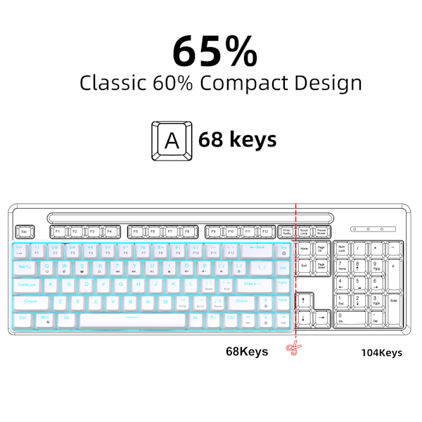 V800 68-tangents mekaniskt speltangentbord, LED-bakgrundsbelyst kabelanslutet tangentbord, stödjer axelbyte, lämpligt för Windows XP/10/11, MAC, Linux (blå axel) WhiteBlack/blue light