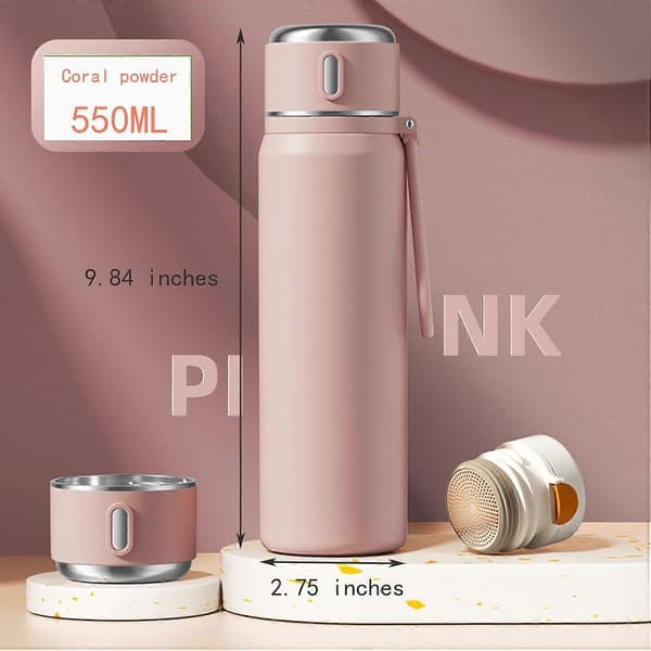 Termosflaske for varme drikker med kopp, rustfritt stål, kaffetermos med håndtak, 550 ml (rosa)