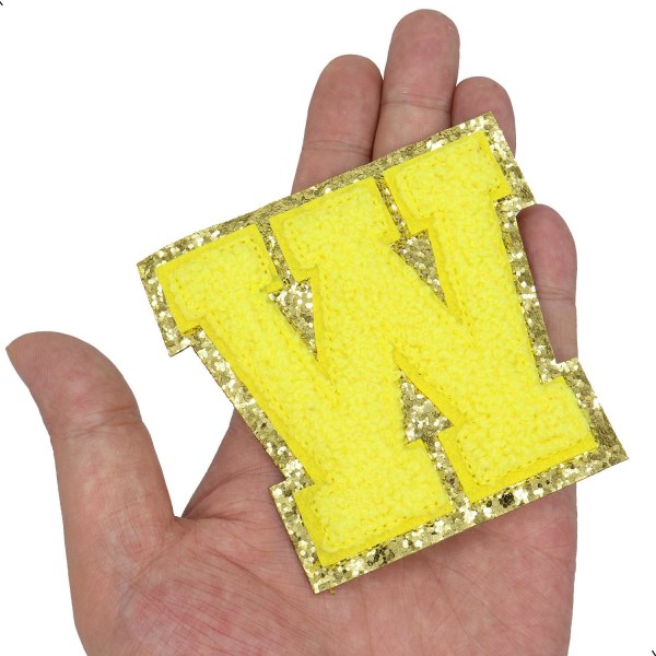 Englanninkielinen kirjain W silitettävä korjauspaikat Aakkoset ompelu applikaatiot vaatemerkit, kultaisella kimaltelevalla reunuksella, liima takatarra (keltainen W）W keltainen