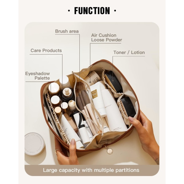 Resesminkväska, Kosmetiska väskor med stor kapacitet för kvinnor, Vattentät bärbar påse Öppen platt toalettväska Smink (brun, medium)