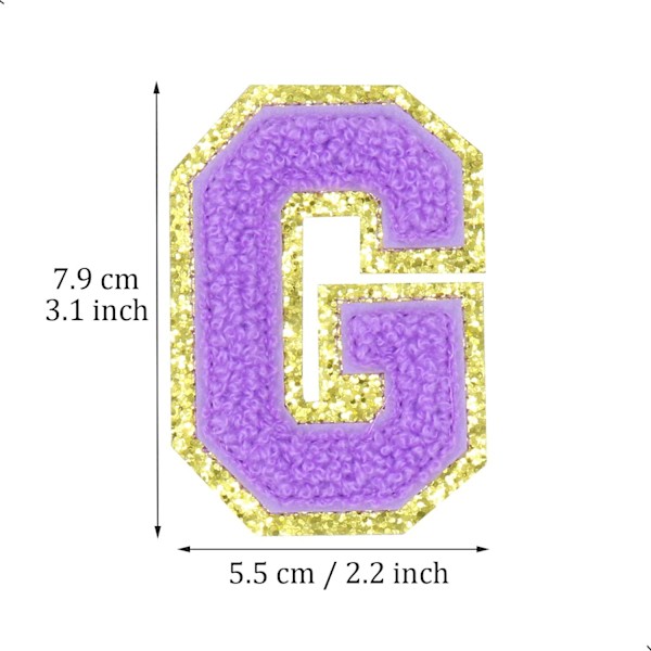 Englannin kirjain G - Silitysmerkit korjauslaastareille Aakkoset Ompelemissovellukset Vaatteiden merkit, Kultaisella glitter-reunuksella, Liima-taustatarra（Violetti G）GPurple