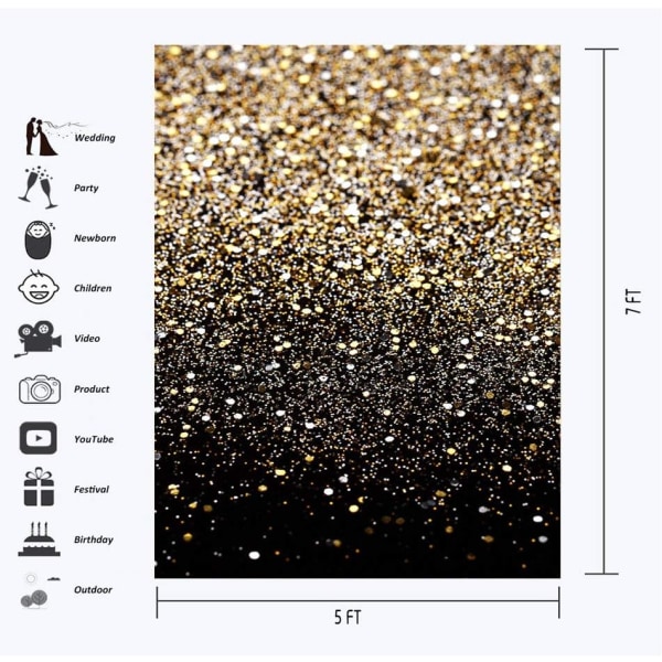 Bakgrunner Gull Glitter Paljetter Spot Bokeh og Svart Foto Dekorasjon Bakgrunn Studio Rekvisita Booth Vinyl 5x7FT