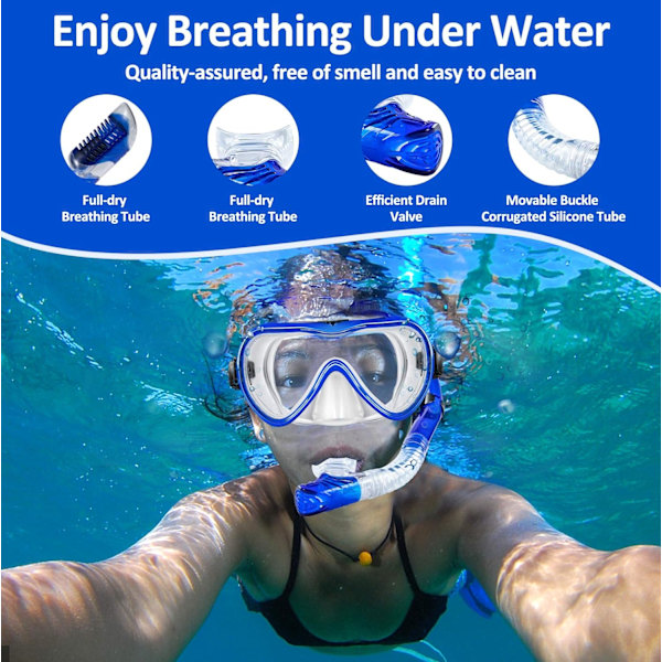 Snorkelsett Snorkleutstyr Voksne, Tørr Topp Dykkemaske Og Snorkel For Mann Kvinner-Blå