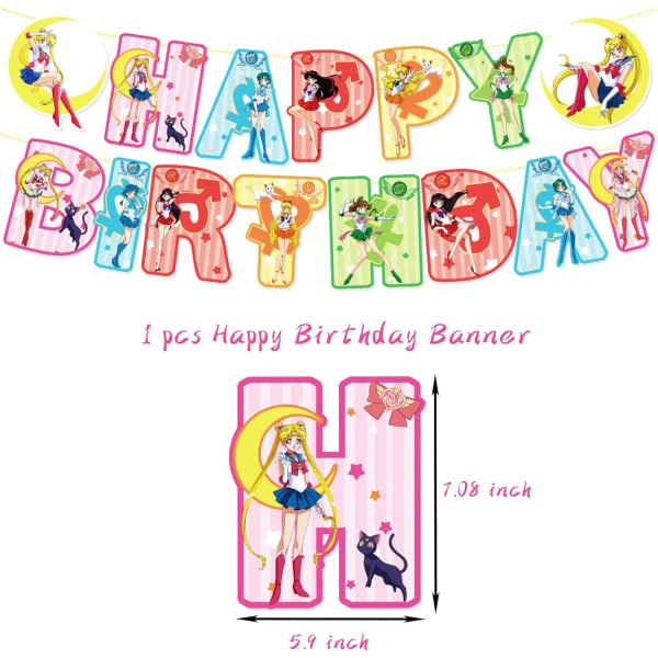 Sailor Girls Moon Party Supplies Kit med Grattis på födelsedagen banner, latex ballong, Cake Toppers, Cupcake Toppers, Anime Cartoon Girls