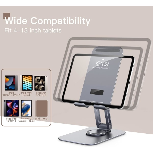 Nettbrettstativ, justerbar dreibar bordholder med 360 graders roterende base, sammenleggbar holder, Galaxy Tab A8/A7 Lite/A7/S8/S7, Tab/telefoner (4-13"), grå